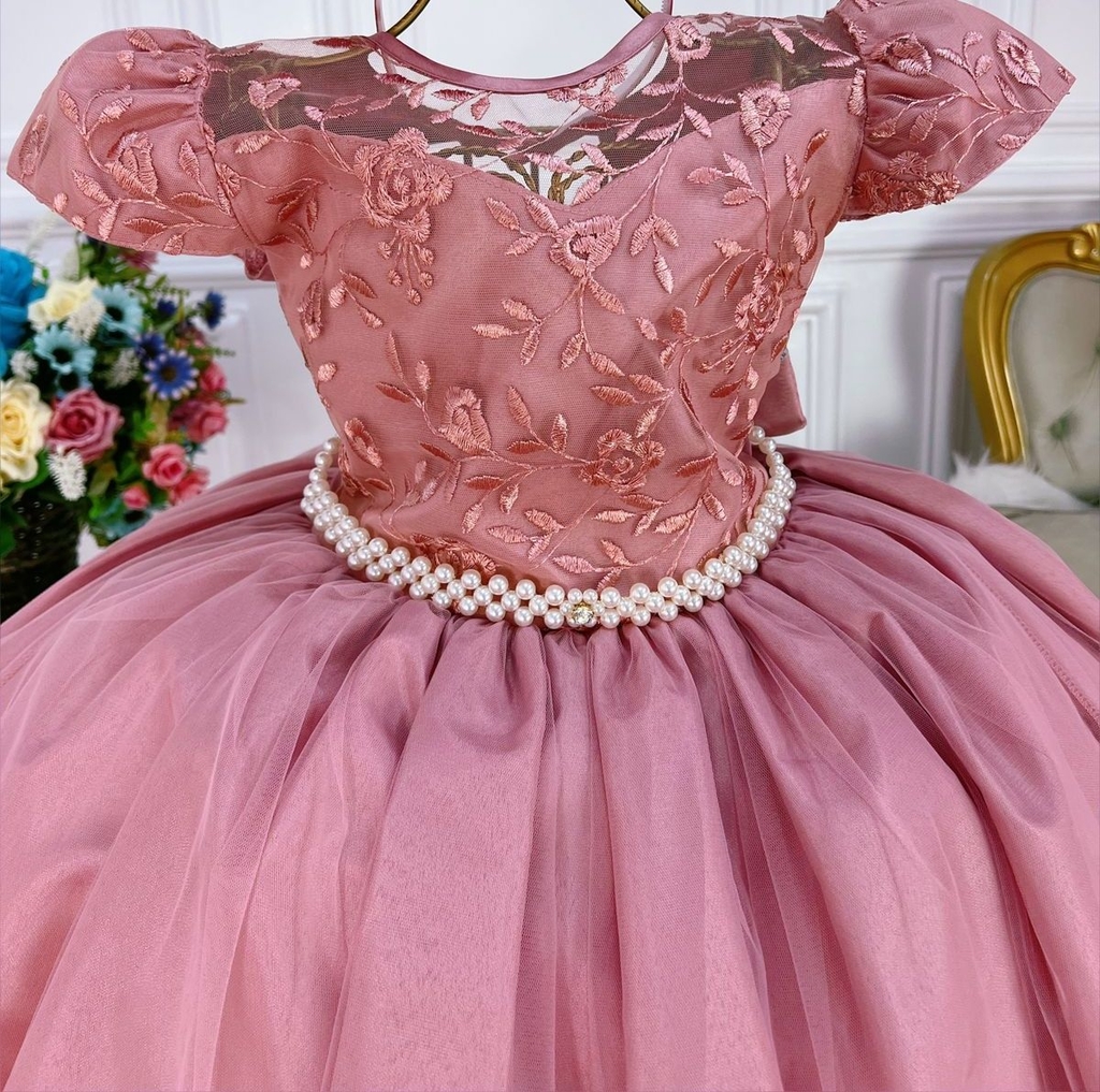 Vestido Infantil de Festa Rosê Luxo Princesa Bebê