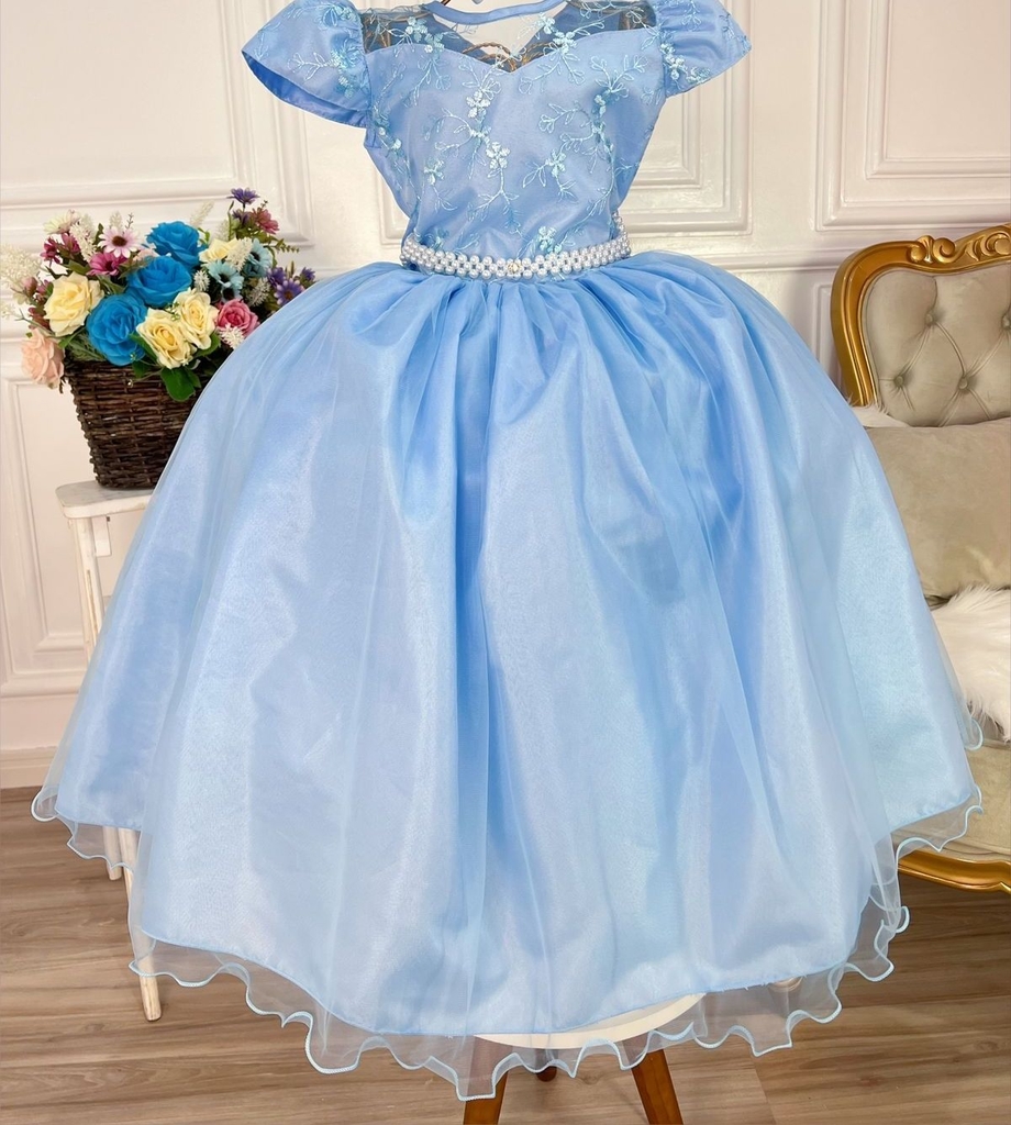 Vestido Infantil Azul Luxo Princesa Cinderela