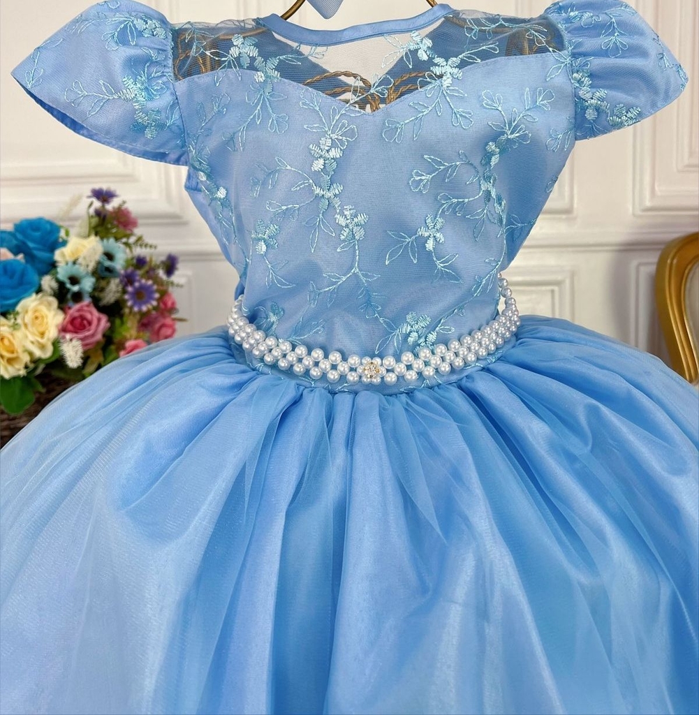 Vestido Infantil de Festa Azul Princesa Cinderela