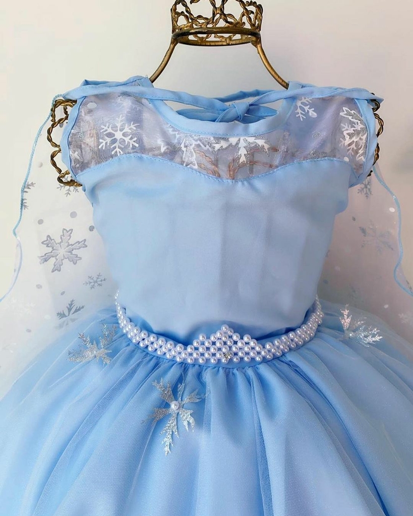 Vestido Infantil Azul Frozen com Capa Luxo