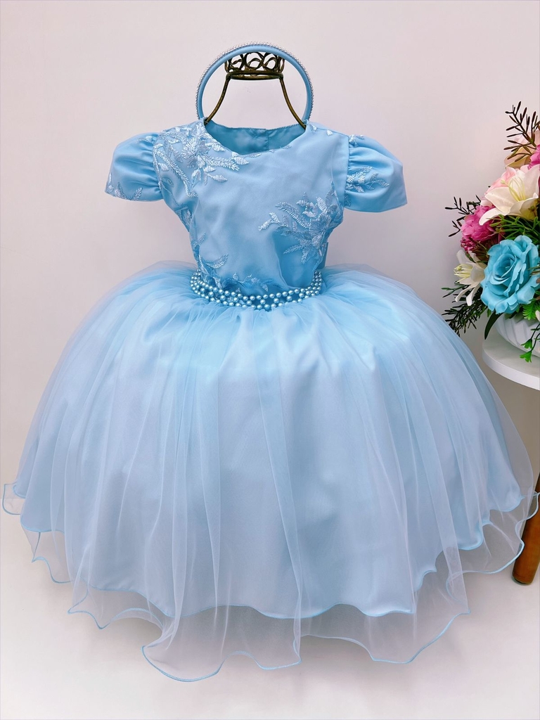 Vestido Infantil Princesa Cinderela Azul C/ Renda Luxo Festa