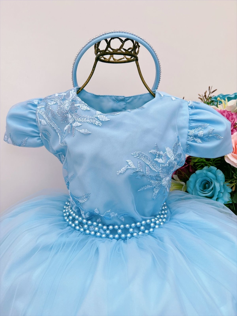 Vestido Festa Infantil Da Cinderela Azul Com Detalhes Amarelo