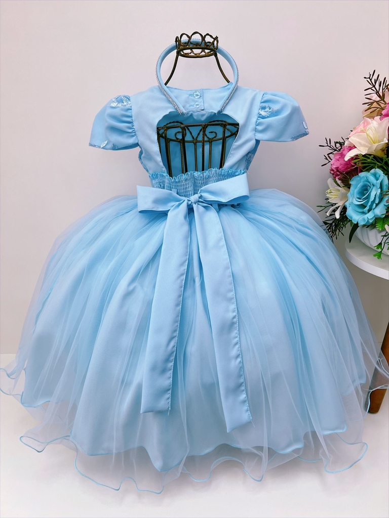 Vestido Infantil Cinderela Renda com Peitoral Bordado Azul de Festa  Aniversário Luxo