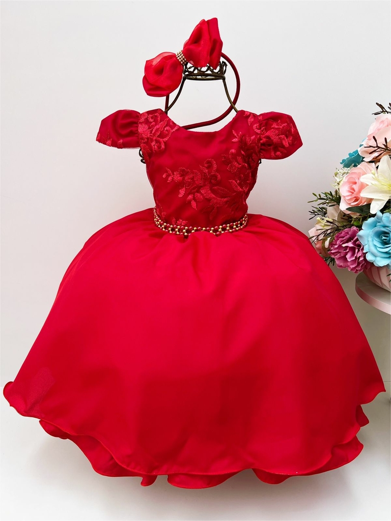 Vestido Infantil Vermelho E Off Renda De Luxo Festa Princesa em