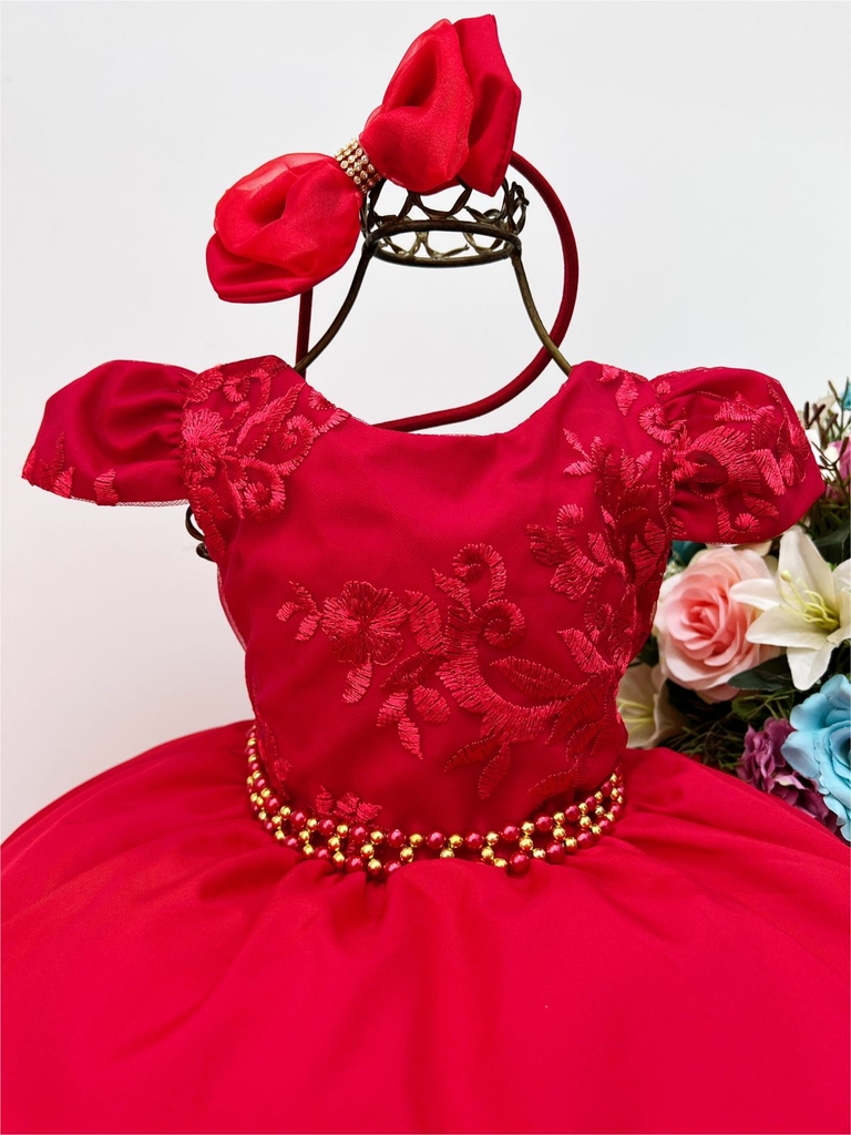 Vestido Infantil Vermelho Renda Festas Luxo Princesas - Rosa