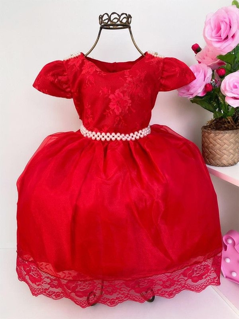 Vestido Infantil Vermelho Renda Princesas Realeza Luxo Festa