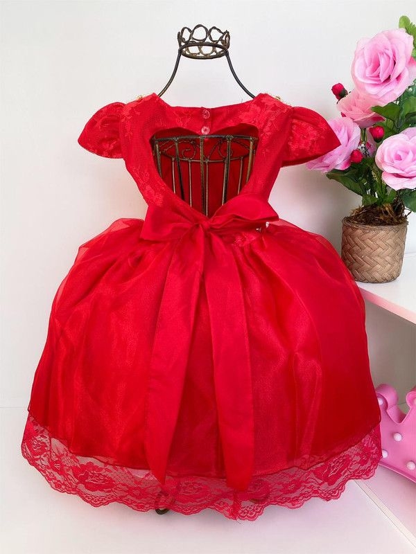 Vestido Bebê Vermelho Renda Princesa Realeza Laço Babados