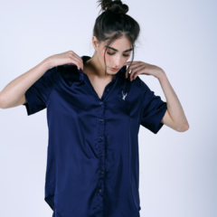 PIJAMA CETIM CAMISA LONGA AZUL MARINHO