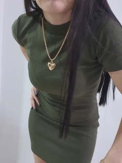 Vestido Elegânce Verde Militar Feminino casual ribana manga curta - comprar online