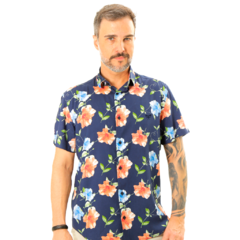 CAMISA SOCIAL MASCULINA MANGA CURTA REGULAR VISCOSE FLORAL MARINHO/VERMELHO