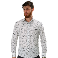 CAMISA SOCIAL MASCULINA ML SLIM FIT ESTAMPADA FLORAL BRANCO