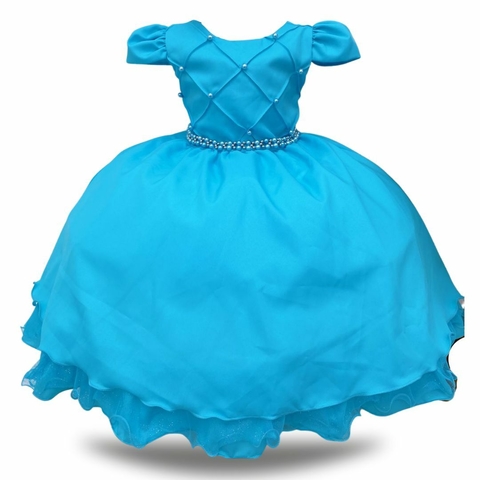 Vestido Infantil Cinderela Renda com Peitoral Bordado Azul de Festa  Aniversário Luxo