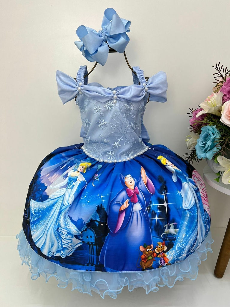 Vestido Infantil Frozen Azul C/ Cinto Pérolas Luxo Princesas