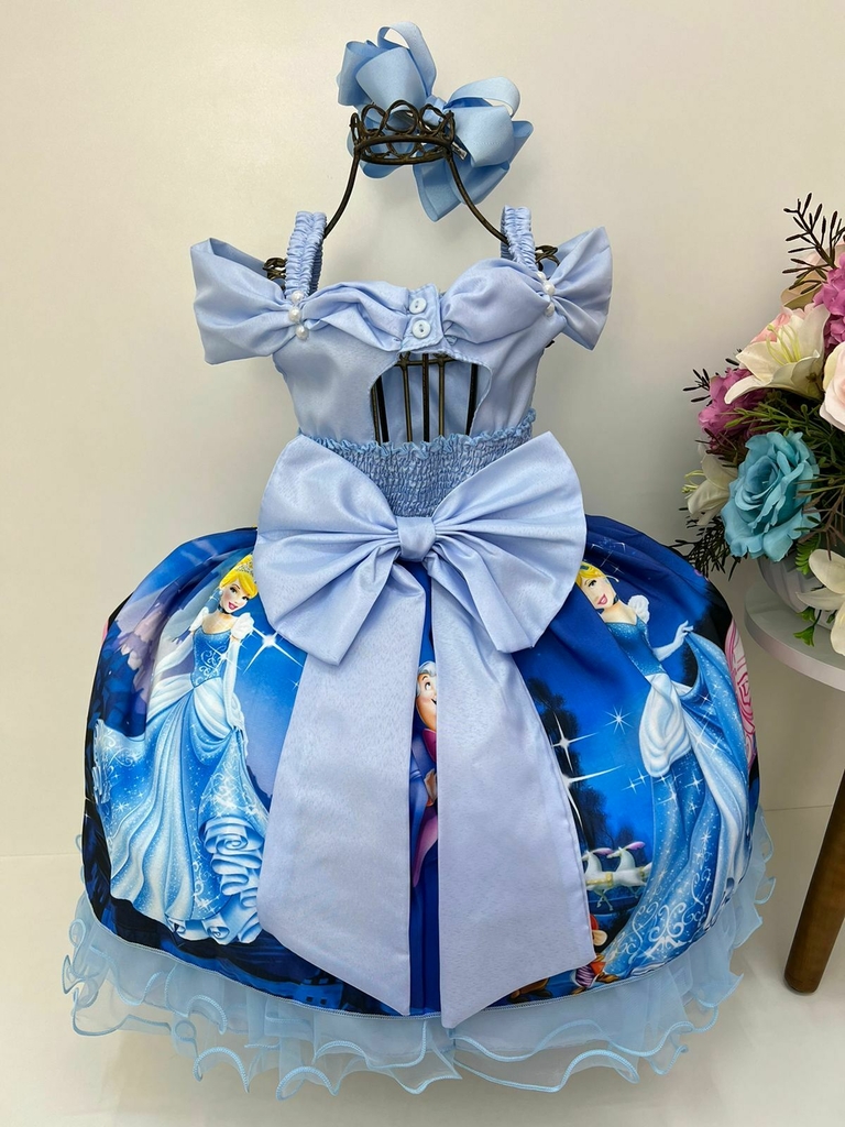 Vestido Infantil Cinderela Princesa Da Disney Azul Renda E Pérolas Para  Festa De Aniversário