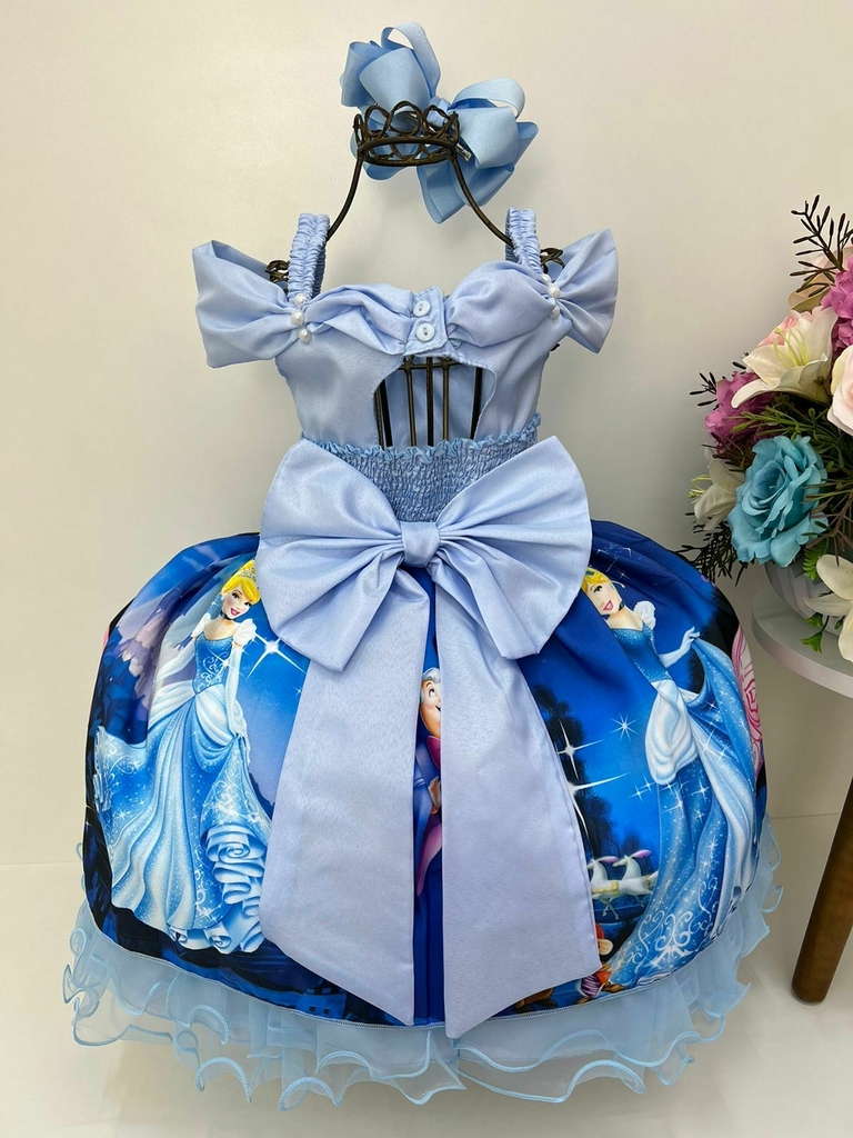 VESTIDO INFANTIL CINDERELA PRINCESA AZUL C/ RENDA E PÉROLAS