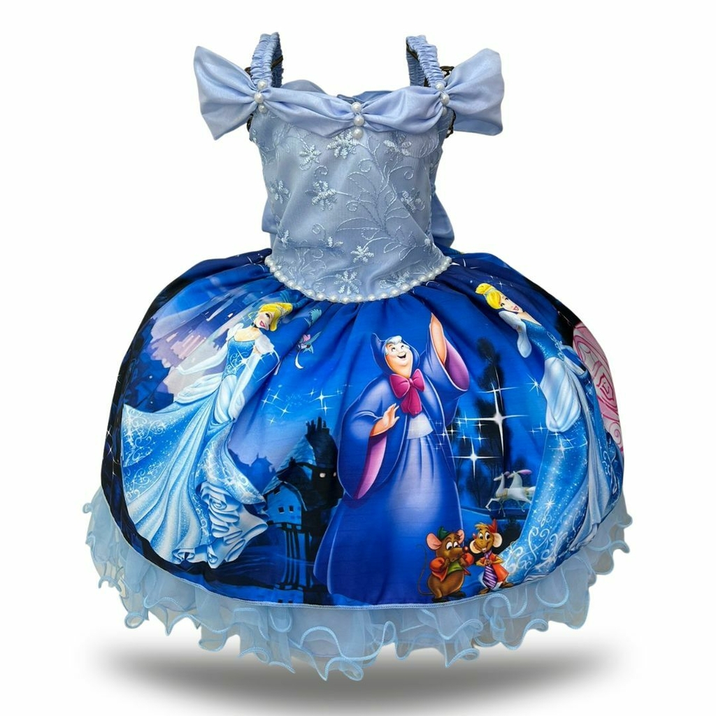 Vestido Infantil Frozen e Cinderela Com Renda Cinto Pérolas