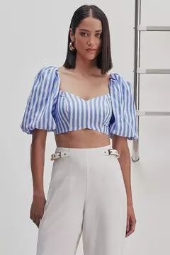 Blusa Cropped Mangas Bufantes Listrada Com Amarração Costas