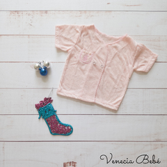 Ajuar 5 piezas rosa claro melange y pintitas con detalles de picot rosa - Venecia Bebé