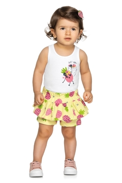 Conjunto feminino infantil estampado branco e amarelo 211190