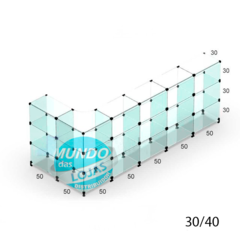 BALCÃO DE ATENDIMENTO L EM VIDRO MODULADO 100X250X100X30CM