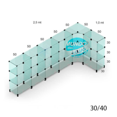 BALCÃO DE ATENDIMENTO L EM VIDRO MODULADO 100X250X100X30CM - comprar online