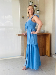 Vestido Longo Azul Alça babado na internet