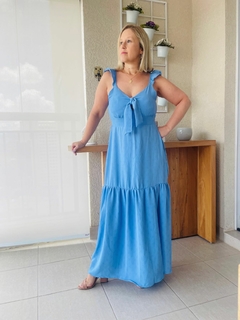 Vestido Longo Azul Alça babado