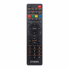 Control remoto universal ETHEOS para TV con botones y funciones múltiples.