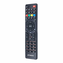 Control remoto universal ETHEOS para televisión con botones de acceso rápido y funciones de navegación.