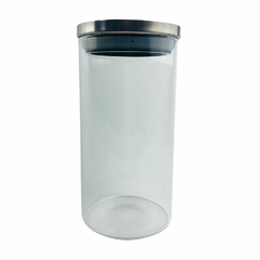 Frasco redondo de vidrio transparente con tapa de acero, capacidad de 1600ml.