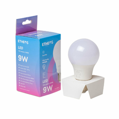 Lámpara LED fría de 9 W de la marca ETHEOS, con caja de presentación y especificaciones visibles.