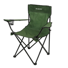 Silla camping plegable KUSHIRO de color verde militar, con estructura de metal y asiento amplio.