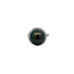 Luxurious 18 kt gold ring with diamonds and natural black pearl 13 mm