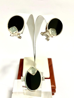 Spectacular set of ladies earrings and ring in 925 silver onyx and agate
