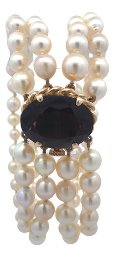Large 18 kt gold and garnet natural pearl cuff bracelet
