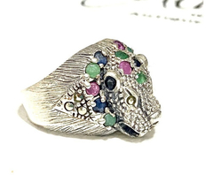 Large 925 silver panther ring with emeralds, sapphires, natural rubies - buy online