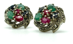 BEAUTIFUL ROSETTE EMERALD SAPPHIRES AND RUBIES 925 SILVER EARRINGS - online store