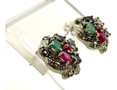 BEAUTIFUL ROSETTE EMERALD SAPPHIRES AND RUBIES 925 SILVER EARRINGS