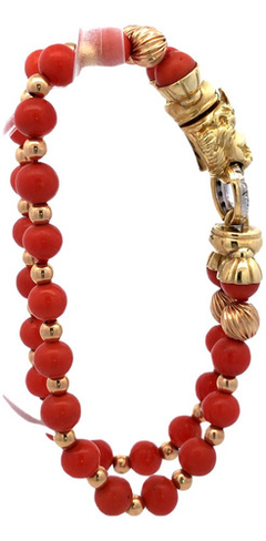 Large 18 kt gold natural coral bracelet with diamonds - Joyería Alvear
