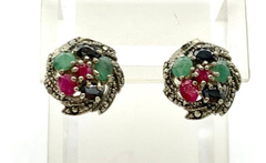 BEAUTIFUL ROSETTE EMERALD SAPPHIRES AND RUBIES 925 SILVER EARRINGS on internet