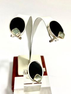 Spectacular set of ladies earrings and ring in 925 silver onyx and agate - online store