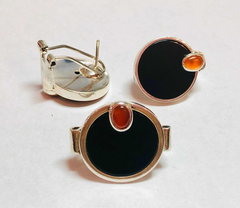 Impressive ring and earrings set of 925 silver and onyx and coral - buy online