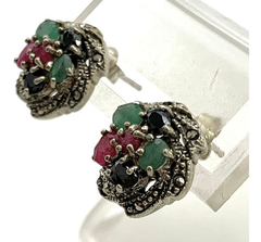 Image of BEAUTIFUL ROSETTE EMERALD SAPPHIRES AND RUBIES 925 SILVER EARRINGS