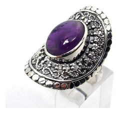 Large ring in 925 silver and natural amethyst cabullon