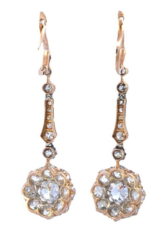 Exclusive Edwardian rosette 18 kt gold and diamond pendant earrings on internet
