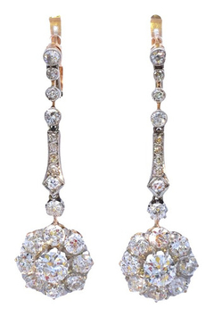 Exclusive Edwardian rosette 18 kt gold and diamond pendant earrings - buy online