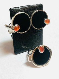 Impressive ring and earrings set of 925 silver and onyx and coral - Joyería Alvear