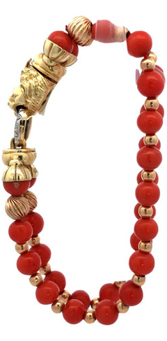 Large 18 kt gold natural coral bracelet with diamonds - buy online