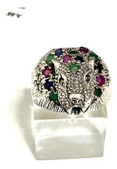 Image of Large 925 silver panther ring with emeralds, sapphires, natural rubies