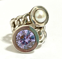 Exceptional Italian lady ring, 925 silver, pearl and amethyst